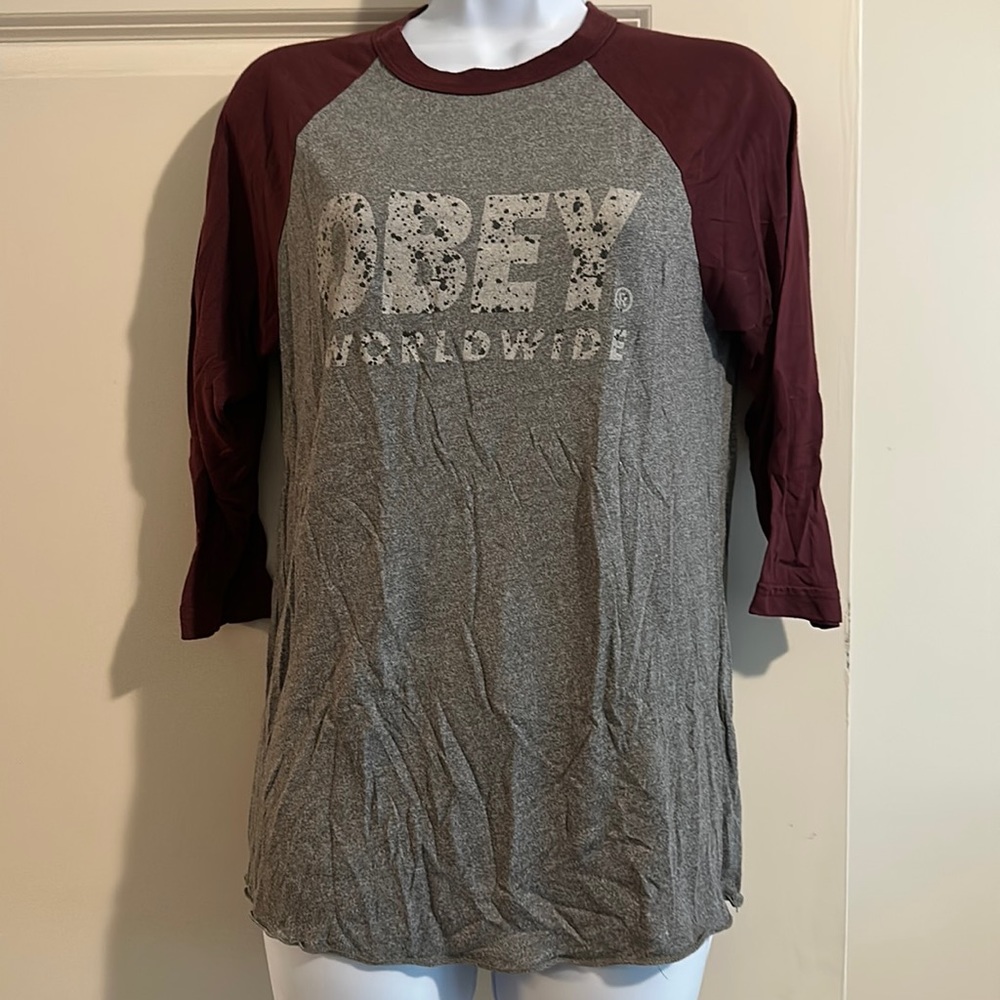 Obey size S quarter length T-shirt, gray, and maroon